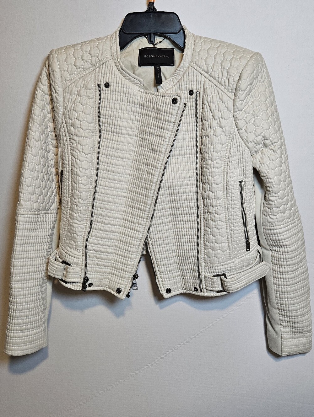 BCBGMAXAZRIA Quilted Moto Jacket Oatmeal Beige Size Small Asymmetrical Zip